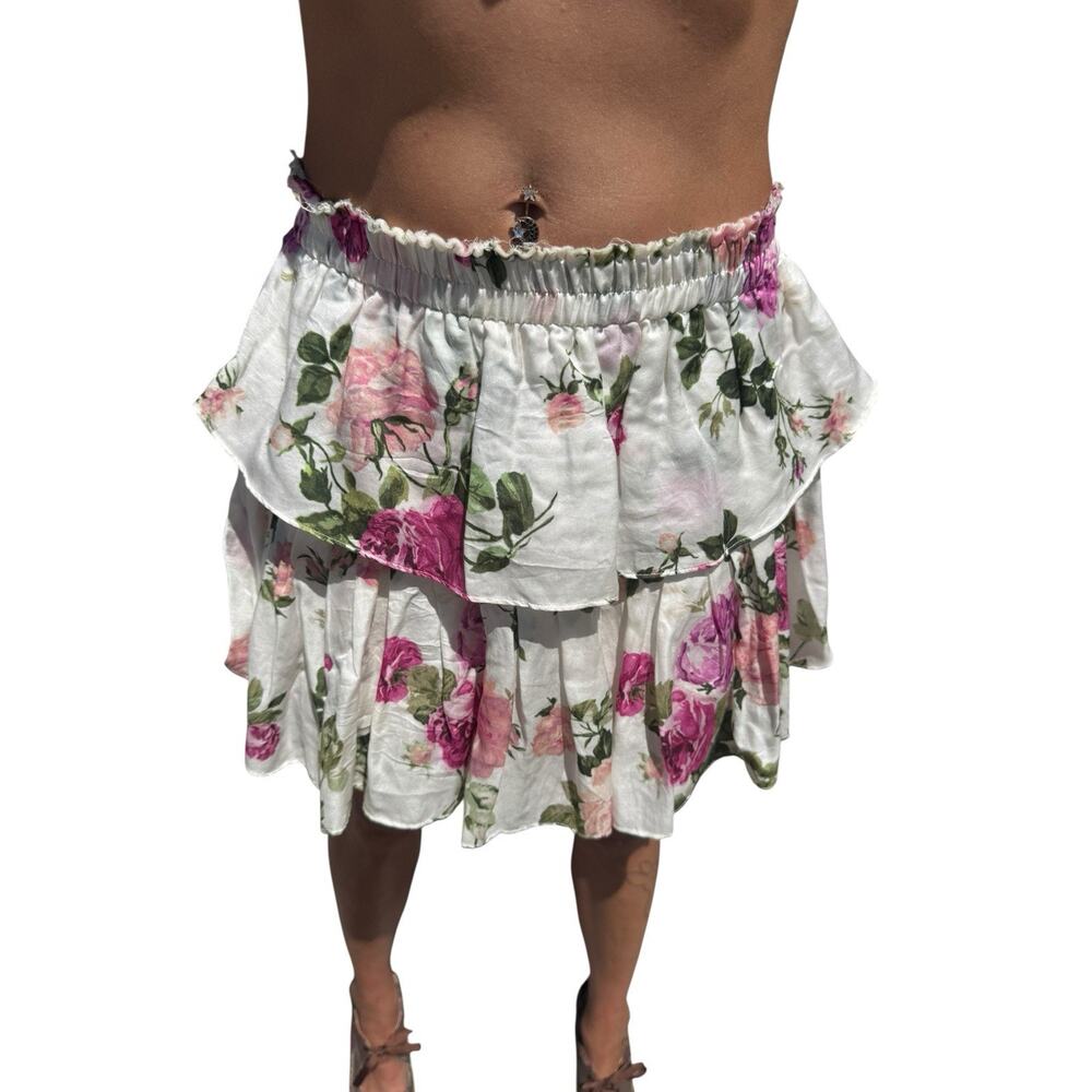 LoveShackFancy Tiered Floral Mini Skirt – Silk Cotton Blend, Size S